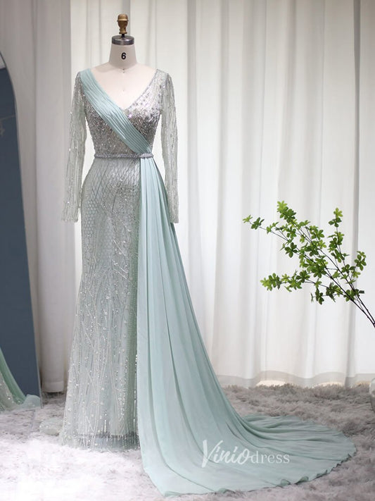 Beaded Light Green Sheath Prom Dresses Long Sleeve Overskirt Evening Dress 20086 - ViniodressEvening DressesLight GreenUS 2 - Formal Dresses - Ball Gowns