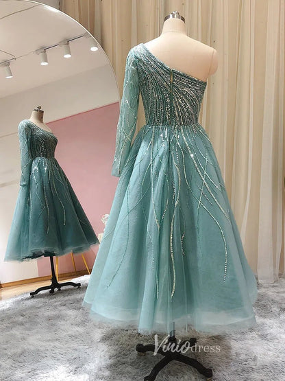 Beaded Light Green Tea Length Evening Dress One Shoulder Long Sleeve Prom Dress 20096-Evening Dresses 2025 -Viniodress-Light Green-US 2-