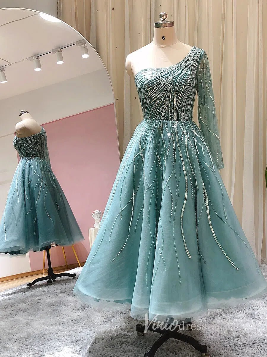 Beaded Light Green Tea Length Evening Dress One Shoulder Long Sleeve Prom Dress 20096-Evening Dresses 2025 -Viniodress-Light Green-US 2-