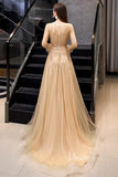 Beaded Long Sleeve Champagne Tulle Prom Dresses FD2504-prom dresses-Viniodress-Viniodress