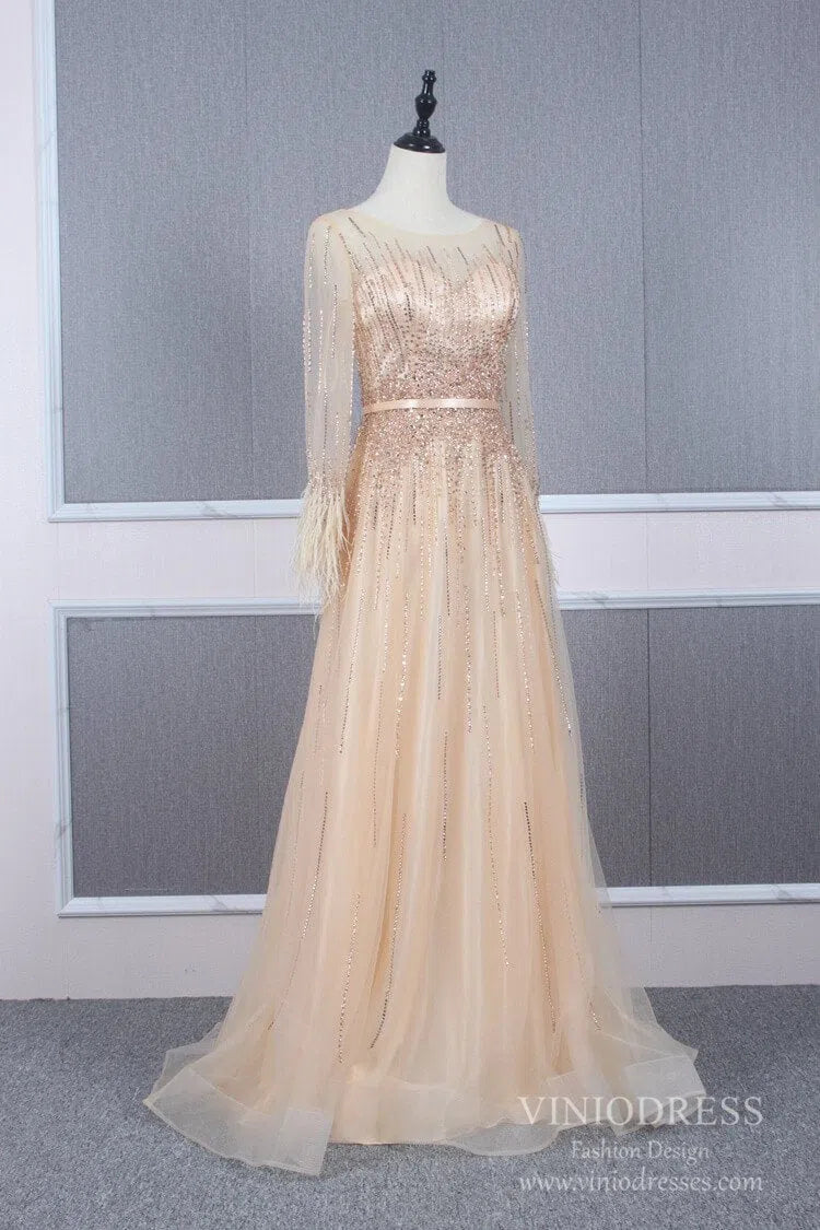 Beaded Long Sleeve Champagne Tulle Prom Dresses FD2504-prom dresses-Viniodress-Viniodress