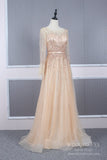 Beaded Long Sleeve Champagne Tulle Prom Dresses FD2504-prom dresses-Viniodress-Viniodress