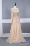 Beaded Long Sleeve Champagne Tulle Prom Dresses FD2504-prom dresses-Viniodress-Viniodress