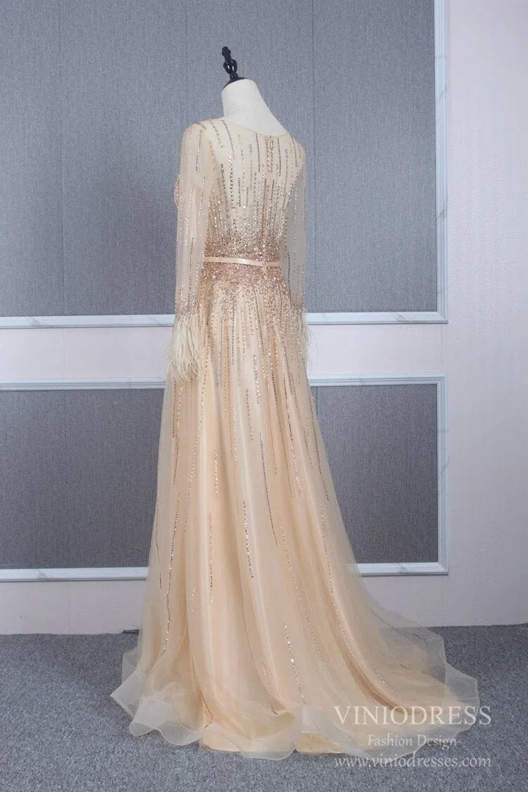 Beaded Long Sleeve Champagne Tulle Prom Dresses FD2504-prom dresses-Viniodress-Viniodress