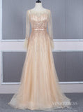 Beaded Long Sleeve Champagne Tulle Prom Dresses FD2504