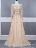 Beaded Long Sleeve Champagne Tulle Prom Dresses FD2504-prom dresses-Viniodress-Champagne-US 2-Viniodress