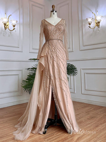 Beaded Long Sleeve Evening Dresses with Slit Mermaid Pageant Dress AD1137-Evening Dresses 2025 -Viniodress-Champagne-US 2-