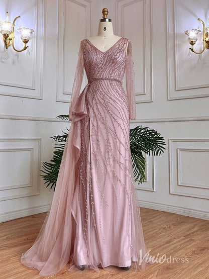 Beaded Long Sleeve Evening Dresses with Slit Mermaid Pageant Dress AD1137-Evening Dresses 2025 -Viniodress-Pink-US 2-