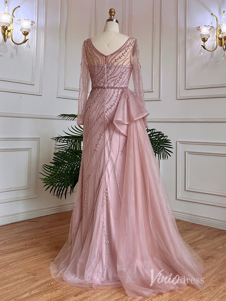 Beaded Long Sleeve Evening Dresses with Slit Mermaid Pageant Dress AD1137-Evening Dresses 2025 -Viniodress-Pink-US 2-