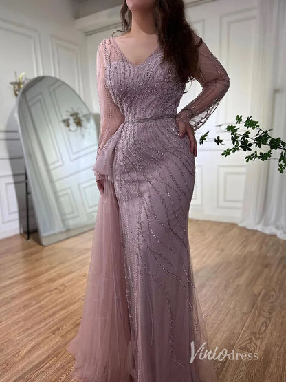 Beaded Long Sleeve Evening Dresses with Slit Mermaid Pageant Dress AD1137-Evening Dresses 2025 -Viniodress-Pink-US 2-