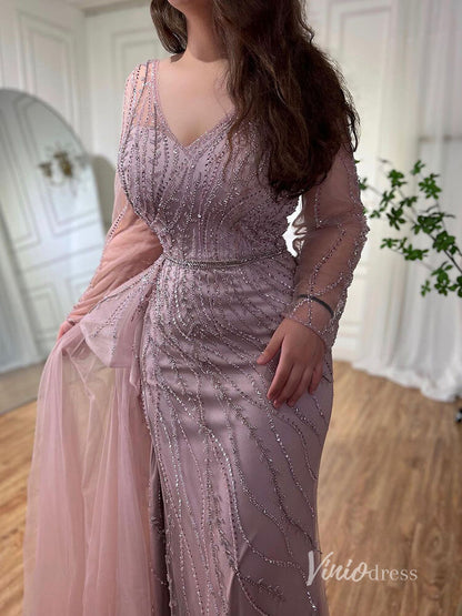 Beaded Long Sleeve Evening Dresses with Slit Mermaid Pageant Dress AD1137-Evening Dresses 2025 -Viniodress-Pink-US 2-