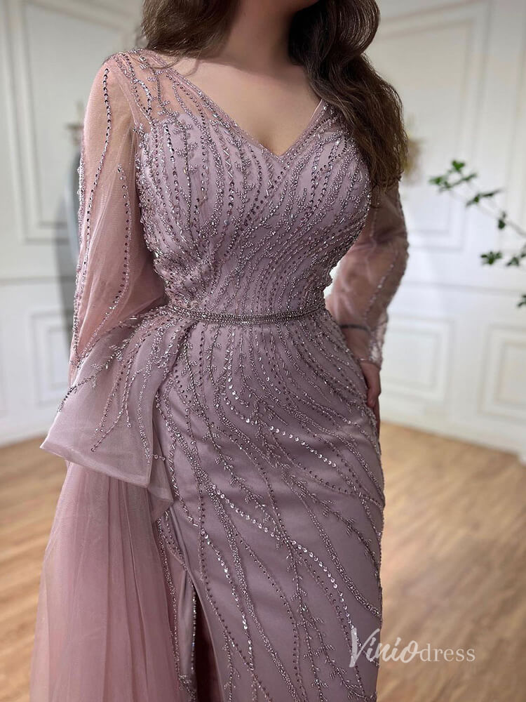 Beaded Long Sleeve Evening Dresses with Slit Mermaid Pageant Dress AD1137-Evening Dresses 2025 -Viniodress-Pink-US 2-