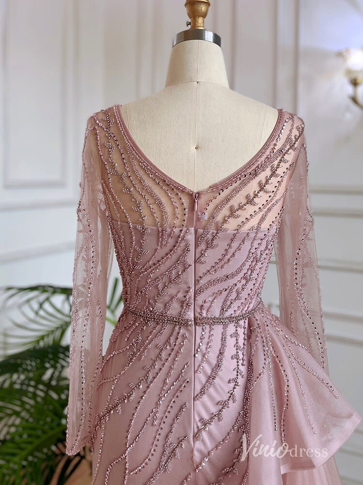 Beaded Long Sleeve Evening Dresses with Slit Mermaid Pageant Dress AD1137-Evening Dresses 2025 -Viniodress-Pink-US 2-