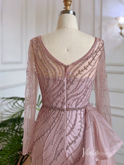 Beaded Long Sleeve Evening Dresses with Slit Mermaid Pageant Dress AD1137-Evening Dresses 2025 -Viniodress-Pink-US 2-