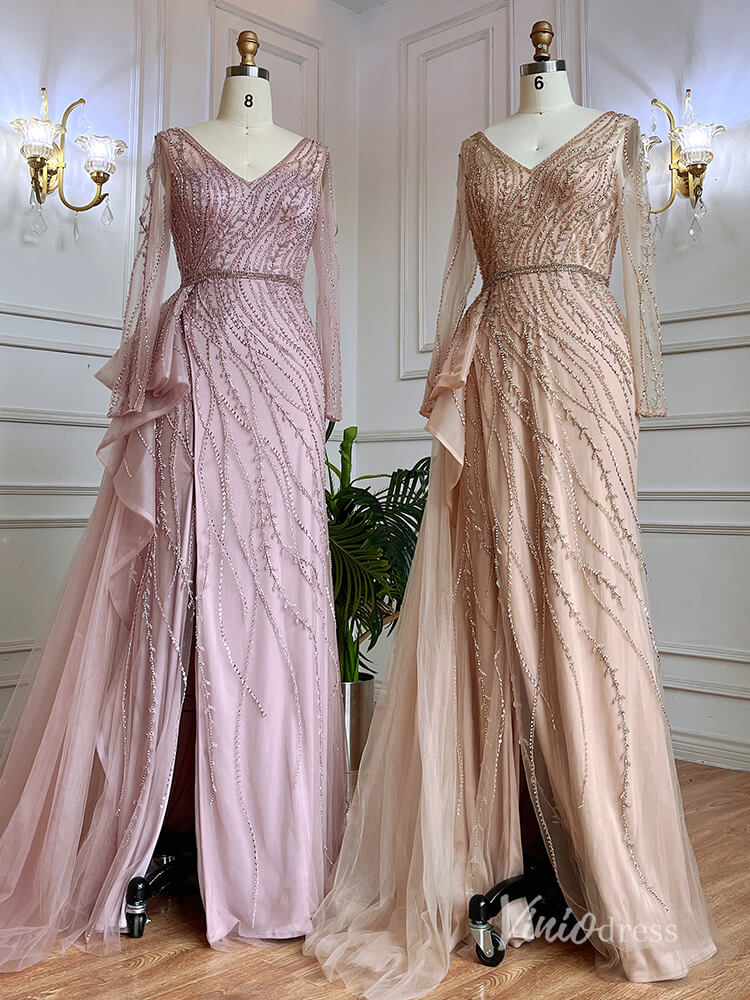 Beaded Long Sleeve Evening Dresses with Slit Mermaid Pageant Dress AD1137-Evening Dresses 2025 -Viniodress-Pink-US 2-