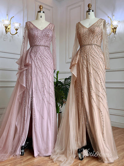 Beaded Long Sleeve Evening Dresses with Slit Mermaid Pageant Dress AD1137-Evening Dresses 2025 -Viniodress-Pink-US 2-