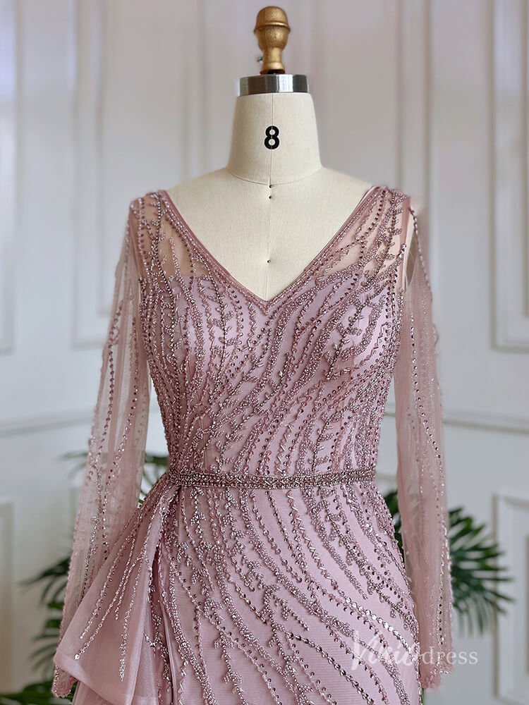 Beaded Long Sleeve Evening Dresses with Slit Mermaid Pageant Dress AD1137 - ViniodressEvening DressesPinkUS 2 - Formal Dresses - Ball Gowns