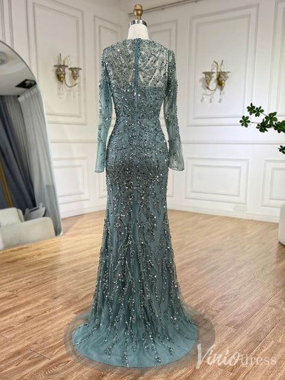 Beaded Long Sleeve Mermaid Prom Dresses 20s Evening Dress with Overskirt 20223-Evening Dresses 2025 -Viniodress-Green-US 2-