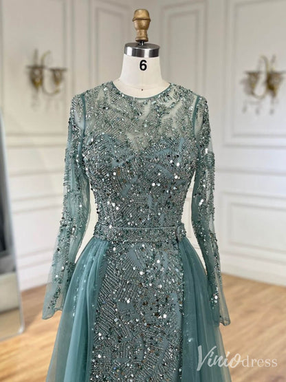 Beaded Long Sleeve Mermaid Prom Dresses 20s Evening Dress with Overskirt 20223-Evening Dresses 2025 -Viniodress-Green-US 2-