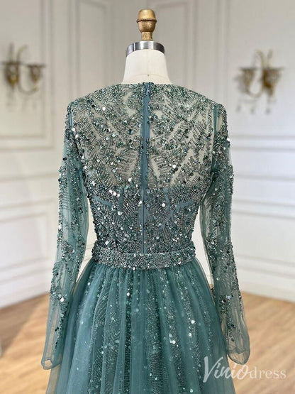 Beaded Long Sleeve Mermaid Prom Dresses 20s Evening Dress with Overskirt 20223-Evening Dresses 2025 -Viniodress-Green-US 2-