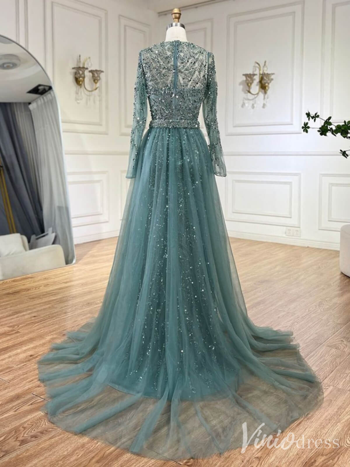 Beaded Long Sleeve Mermaid Prom Dresses 20s Evening Dress with Overskirt 20223 - ViniodressEvening DressesGreenUS 2 - Formal Dresses - Ball Gowns