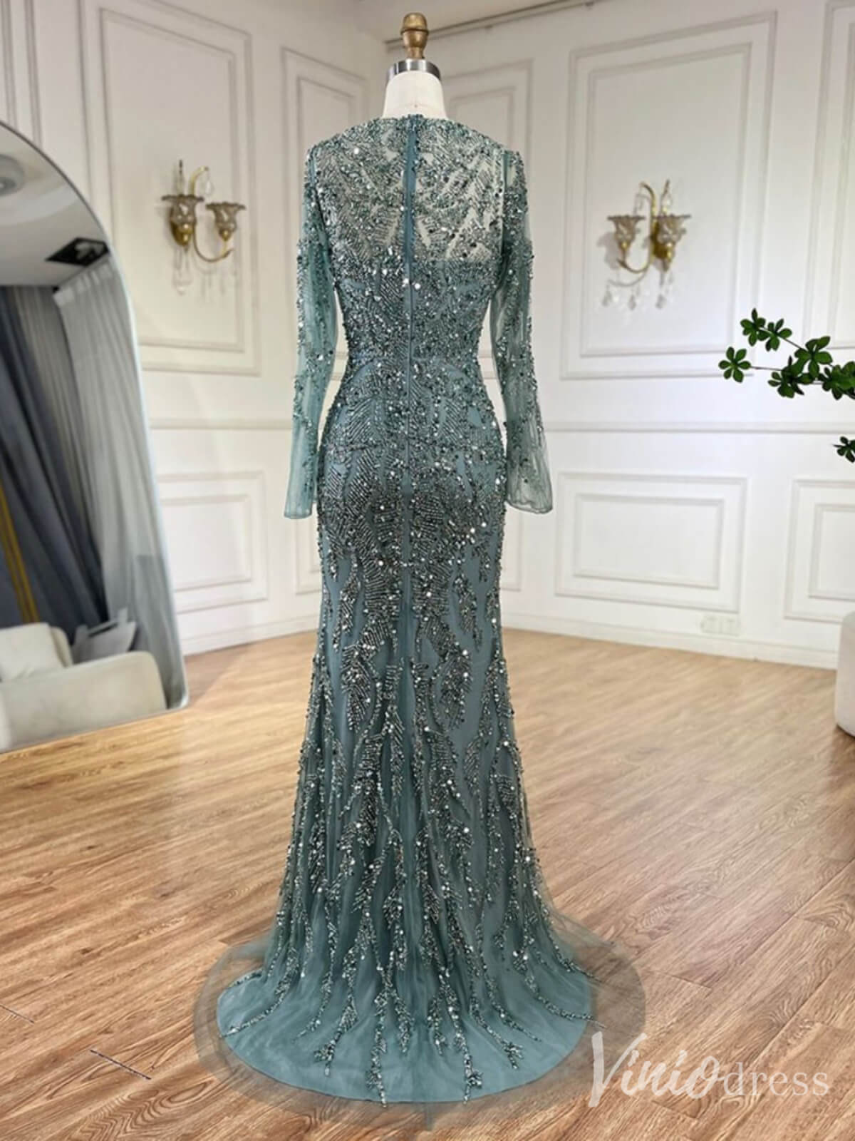 Beaded Long Sleeve Mermaid Prom Dresses 20s Evening Dress with Overskirt 20223 - ViniodressEvening DressesGreenUS 2 - Formal Dresses - Ball Gowns