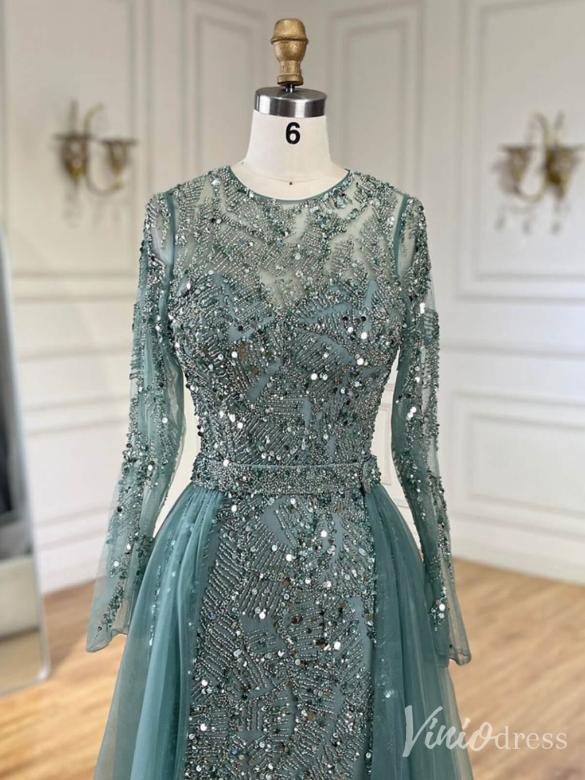 Beaded Long Sleeve Mermaid Prom Dresses 20s Evening Dress with Overskirt 20223 - ViniodressEvening DressesGreenUS 2 - Formal Dresses - Ball Gowns