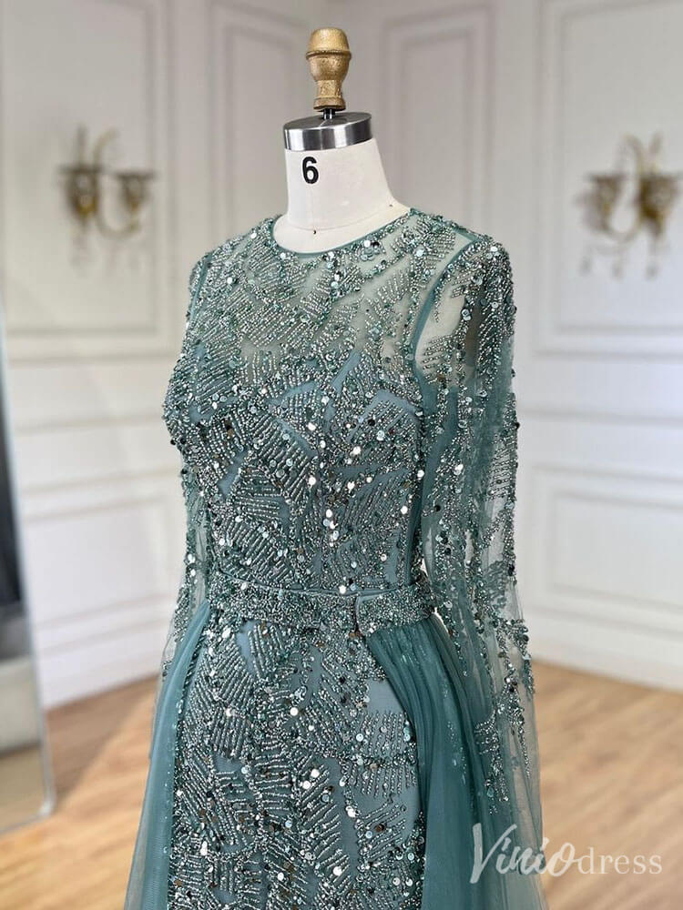 Beaded Long Sleeve Mermaid Prom Dresses 20s Evening Dress with Overskirt 20223 - ViniodressEvening DressesGreenUS 2 - Formal Dresses - Ball Gowns