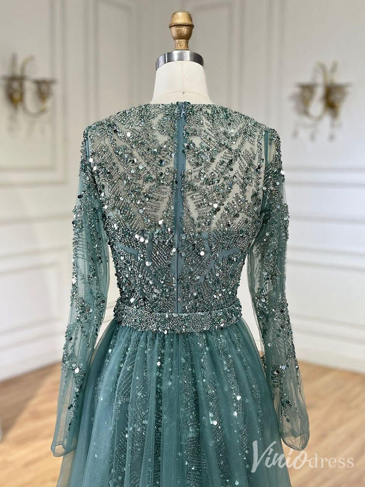 Beaded Long Sleeve Mermaid Prom Dresses 20s Evening Dress with Overskirt 20223 - ViniodressEvening DressesGreenUS 2 - Formal Dresses - Ball Gowns