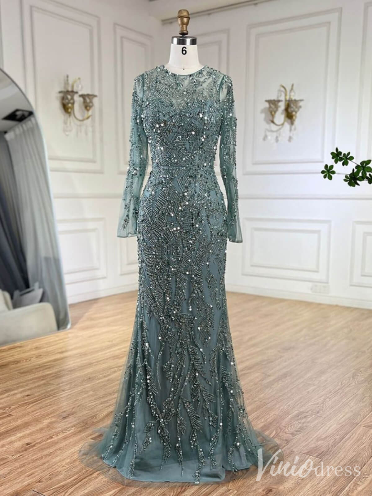 Beaded Long Sleeve Mermaid Prom Dresses 20s Evening Dress with Overskirt 20223-prom dresses-Viniodress-Green-US 2-Viniodress