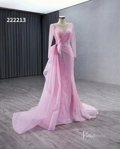 Beaded Long Sleeve Pink Pageant Gown Overskirt Mermaid Wedding Dresses 222213-prom dresses 2025 -Viniodress-Pink-Custom Size-
