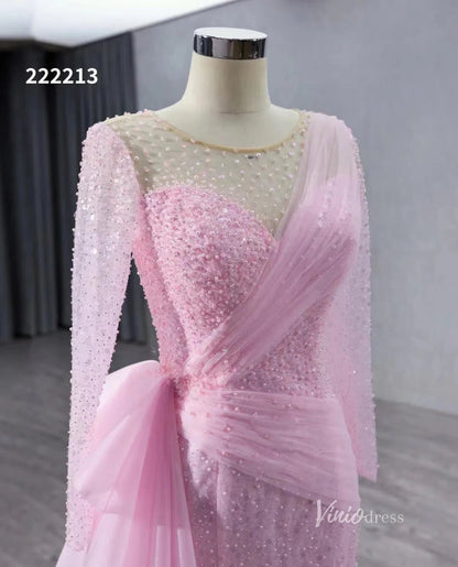 Beaded Long Sleeve Pink Pageant Gown Overskirt Mermaid Wedding Dresses 222213-prom dresses 2025 -Viniodress-Pink-Custom Size-