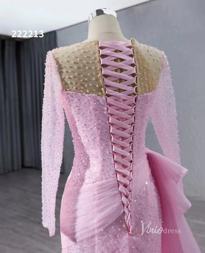 Beaded Long Sleeve Pink Pageant Gown Overskirt Mermaid Wedding Dresses 222213-prom dresses 2025 -Viniodress-Pink-Custom Size-