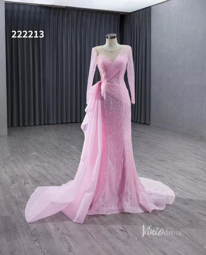 Beaded Long Sleeve Pink Pageant Gown Overskirt Mermaid Wedding Dresses 222213-prom dresses 2025 -Viniodress-Pink-Custom Size-