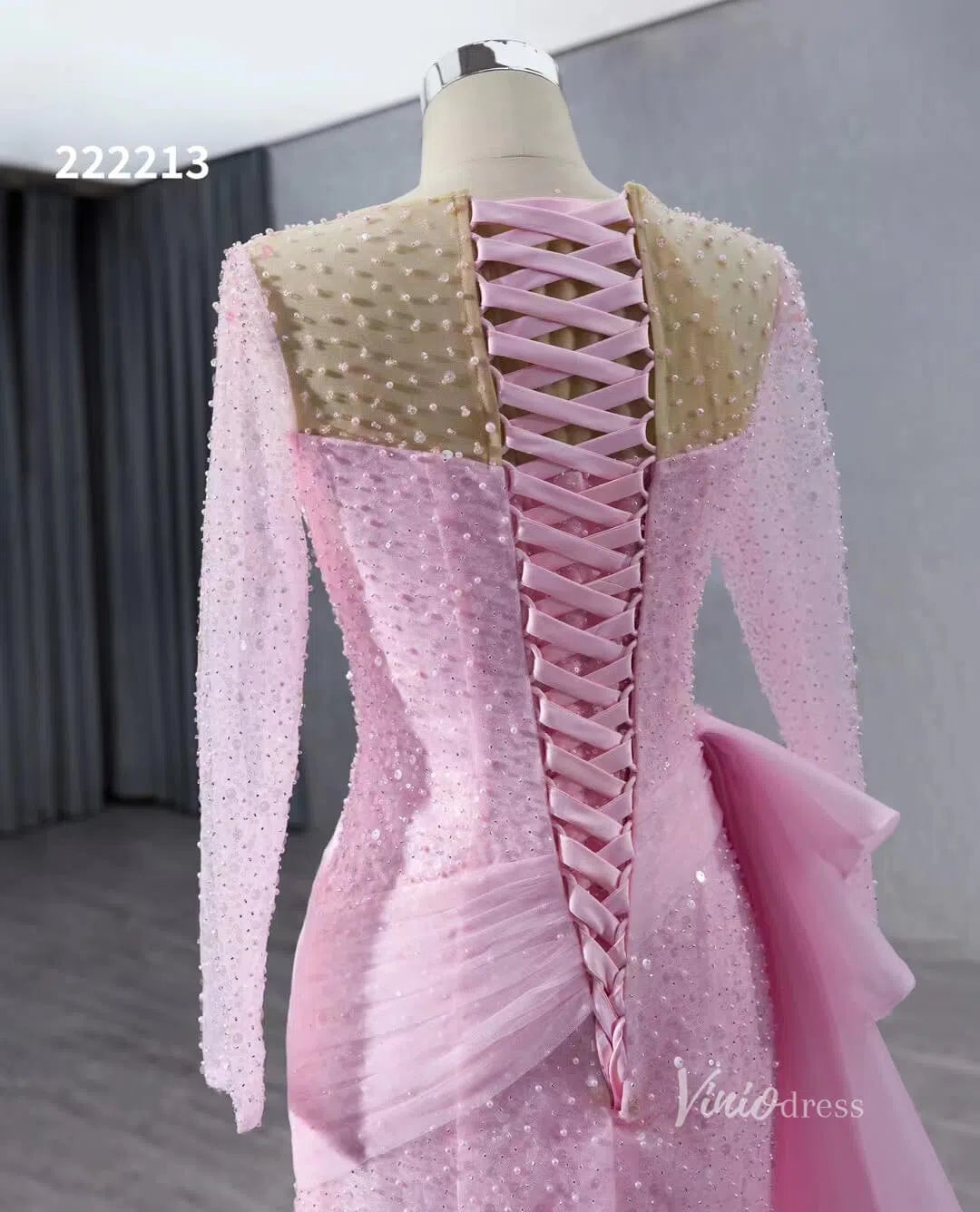 Beaded Long Sleeve Pink Pageant Gown Overskirt Mermaid Wedding Dresses 222213-prom dresses 2025 -Viniodress-Pink-Custom Size-
