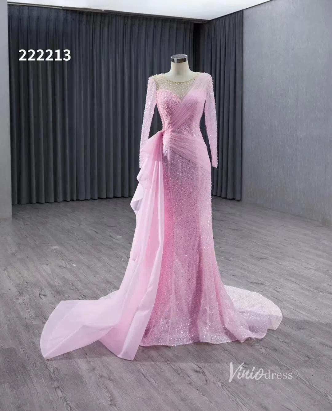 Beaded Long Sleeve Pink Pageant Gown Overskirt Mermaid Wedding Dresses 222213-prom dresses 2025 -Viniodress-Pink-Custom Size-