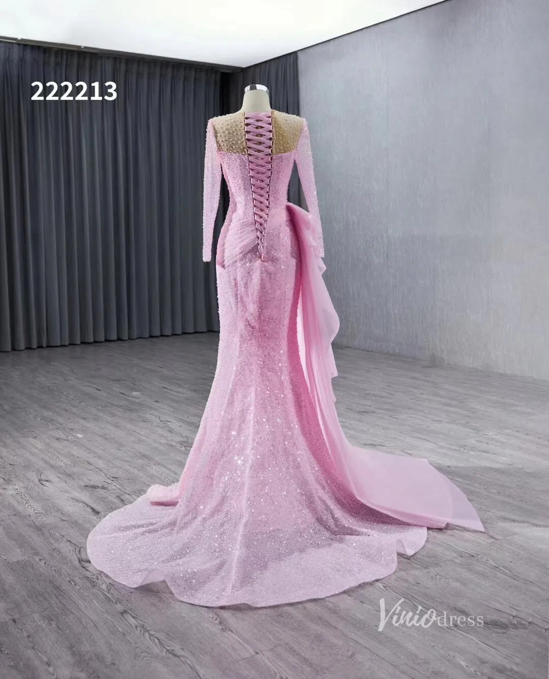 Beaded Long Sleeve Pink Pageant Gown Overskirt Mermaid Wedding Dresses 222213-prom dresses-Viniodress-Viniodress