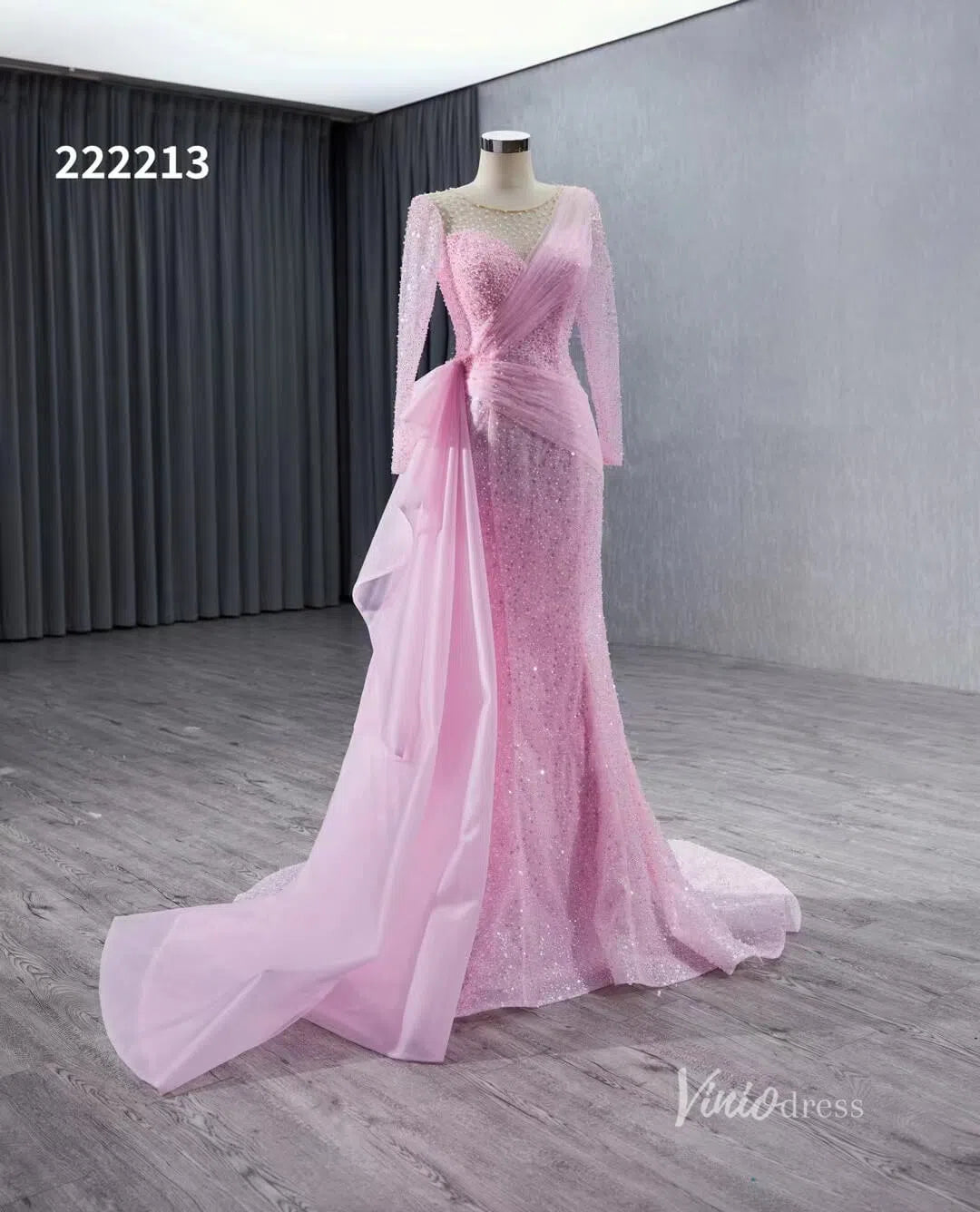 Beaded Long Sleeve Pink Pageant Gown Overskirt Mermaid Wedding Dresses 222213-prom dresses-Viniodress-Viniodress