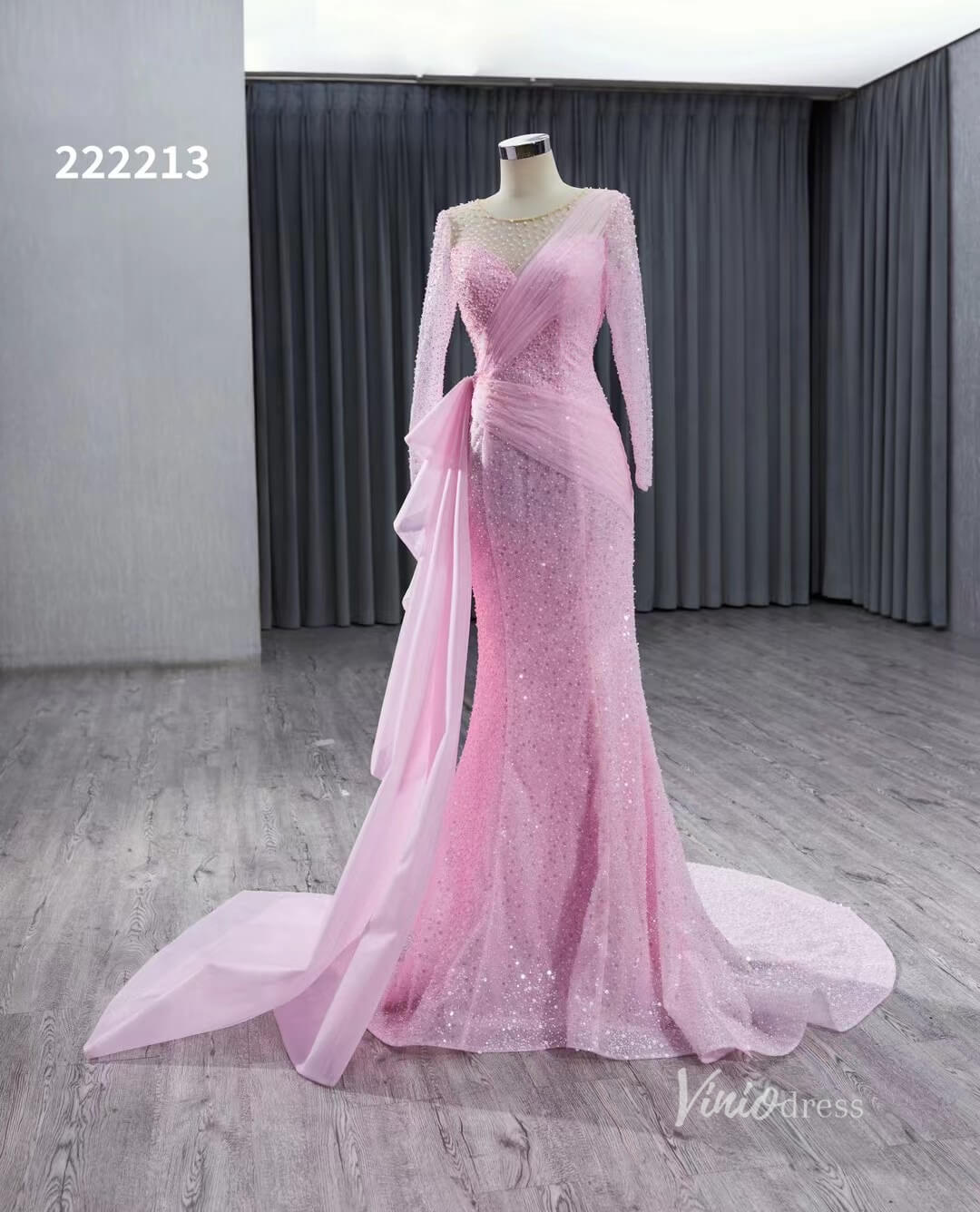 Beaded Long Sleeve Pink Pageant Gown Overskirt Mermaid Wedding Dresses 222213-prom dresses-Viniodress-Viniodress