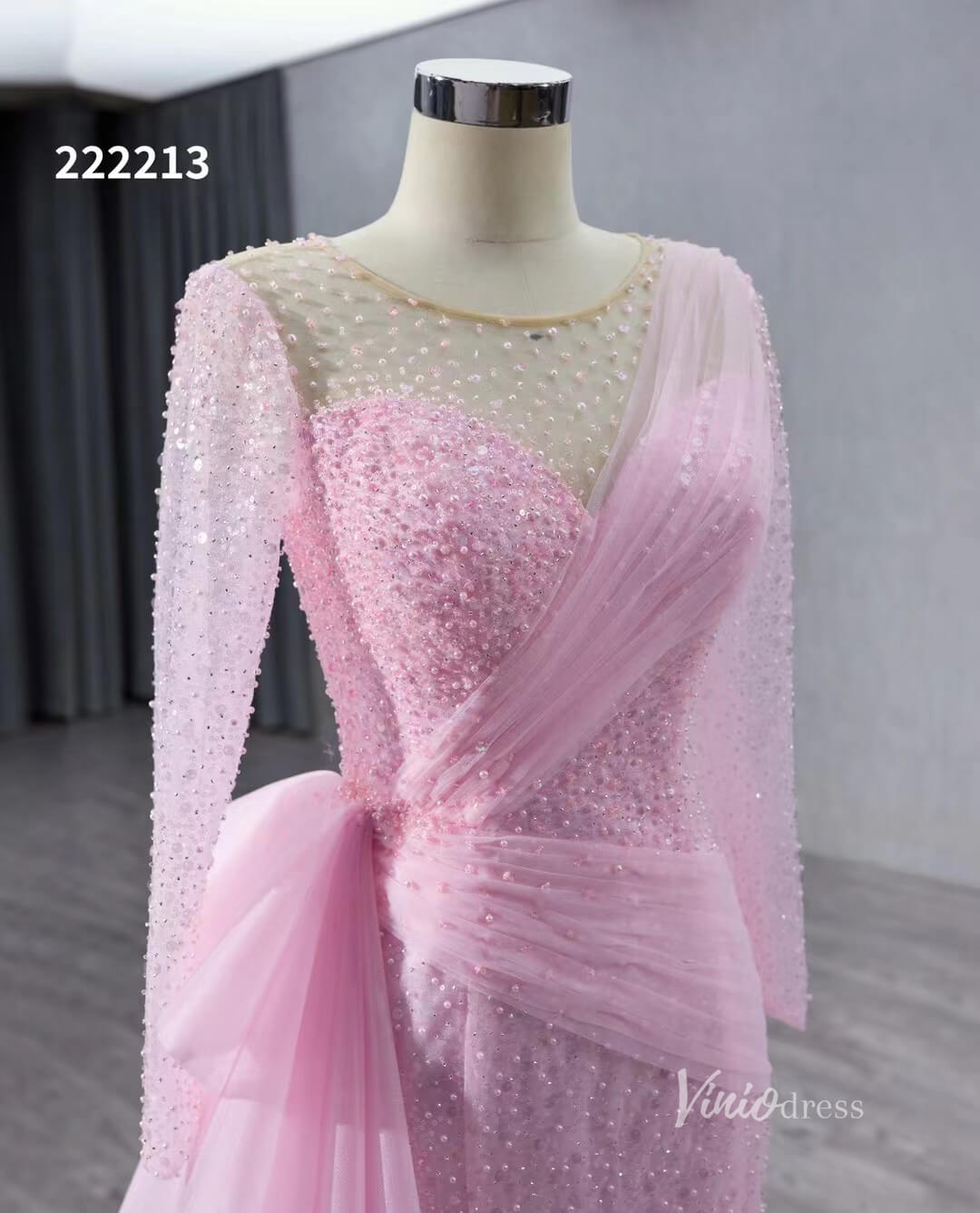 Beaded Long Sleeve Pink Pageant Gown Overskirt Mermaid Wedding Dresses 222213-prom dresses-Viniodress-Viniodress