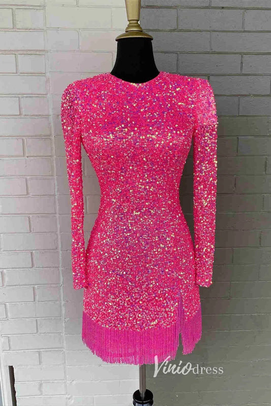 Beaded Long Sleeve Sequin Cocktail Dress Short Prom Dress SD1594-Homecoming Dresses 2025 -Viniodress-Hot Pink-Custom Size-
