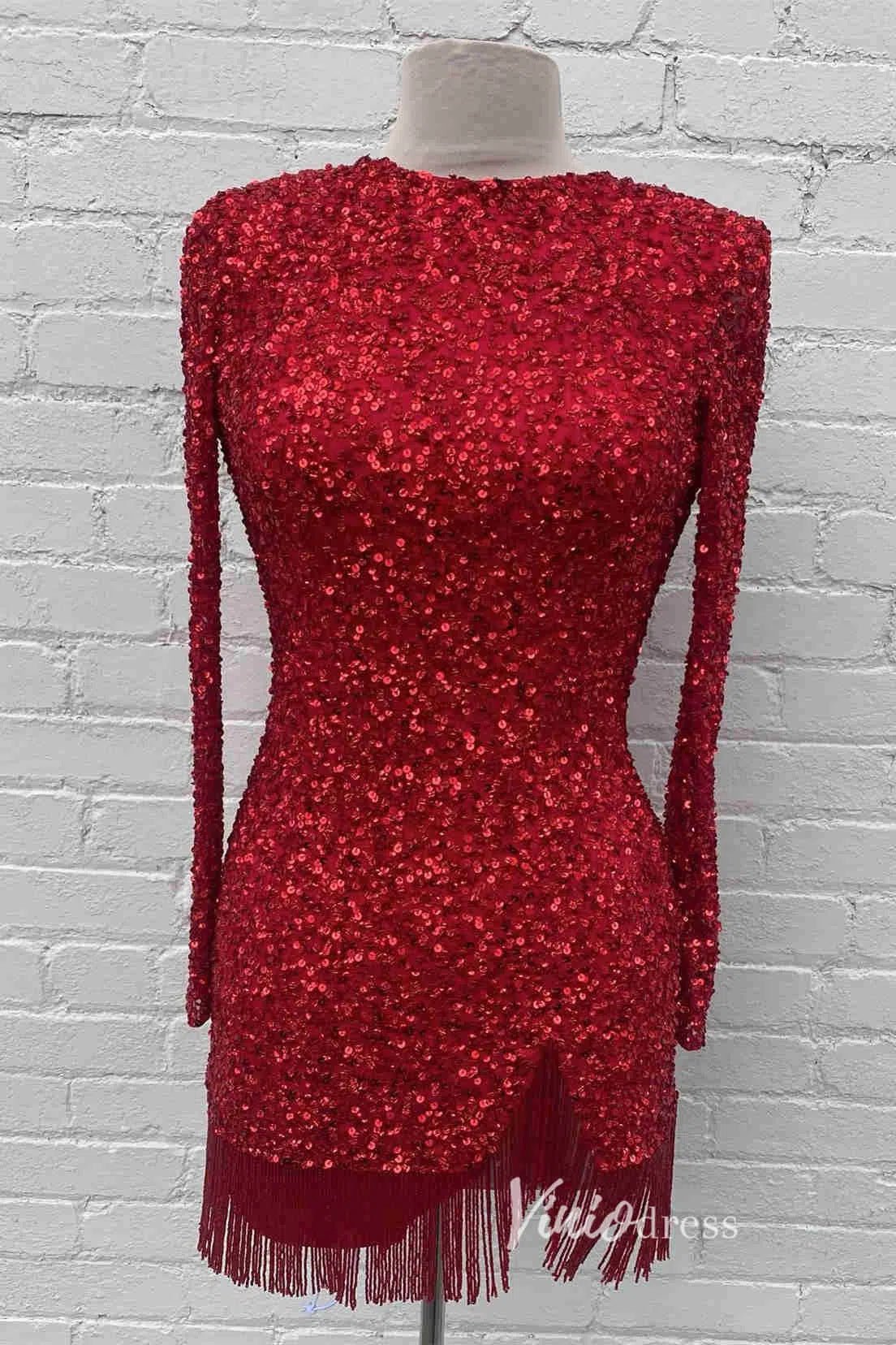 Beaded Long Sleeve Sequin Cocktail Dress Short Prom Dress SD1594-Homecoming Dresses 2025 -Viniodress-Red-Custom Size-