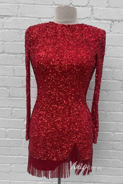 Beaded Long Sleeve Sequin Cocktail Dress Short Prom Dress SD1594-Homecoming Dresses 2025 -Viniodress-Red-Custom Size-