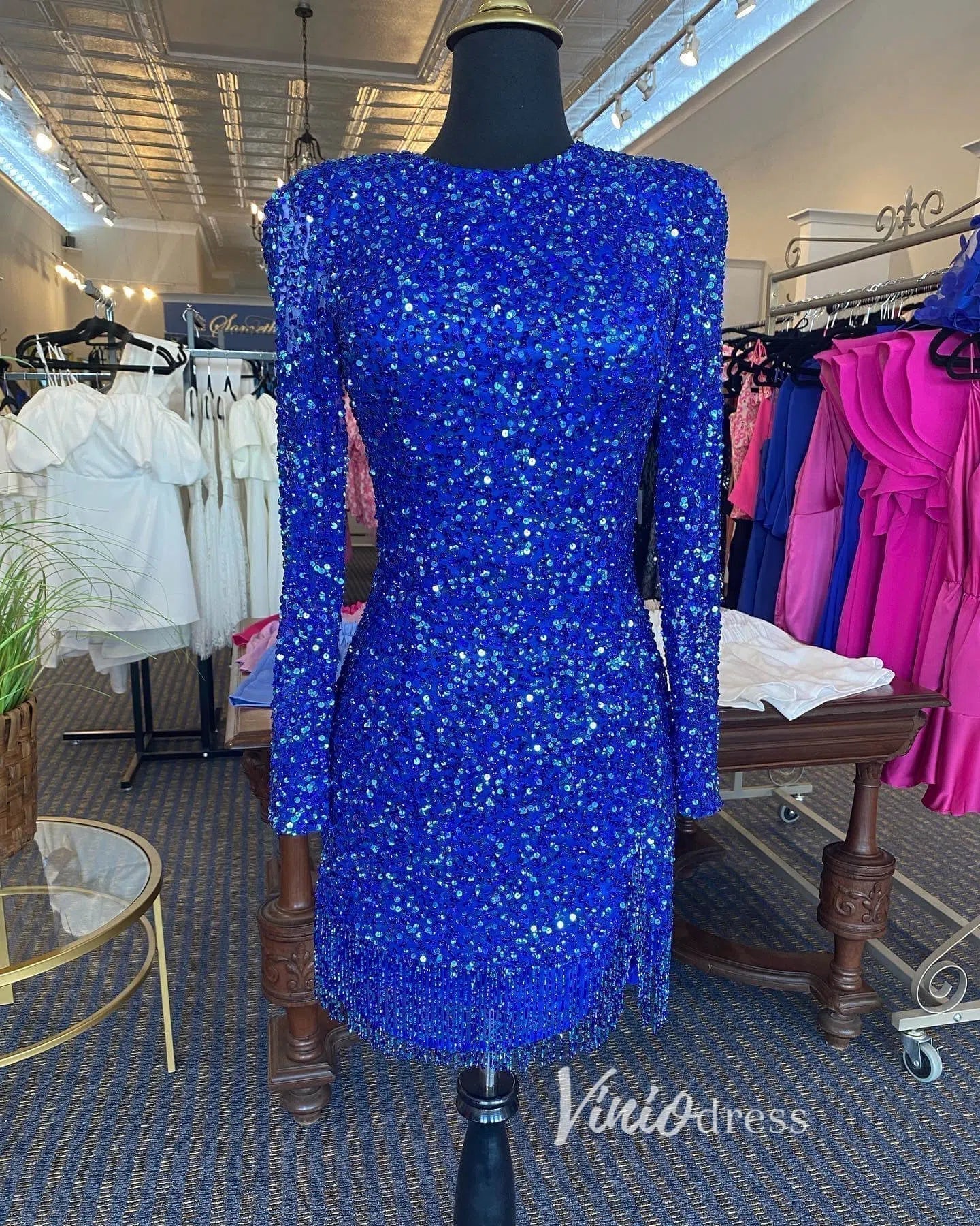Beaded Long Sleeve Sequin Cocktail Dress Short Prom Dress SD1594-Homecoming Dresses 2025 -Viniodress-Royal Blue-Custom Size-