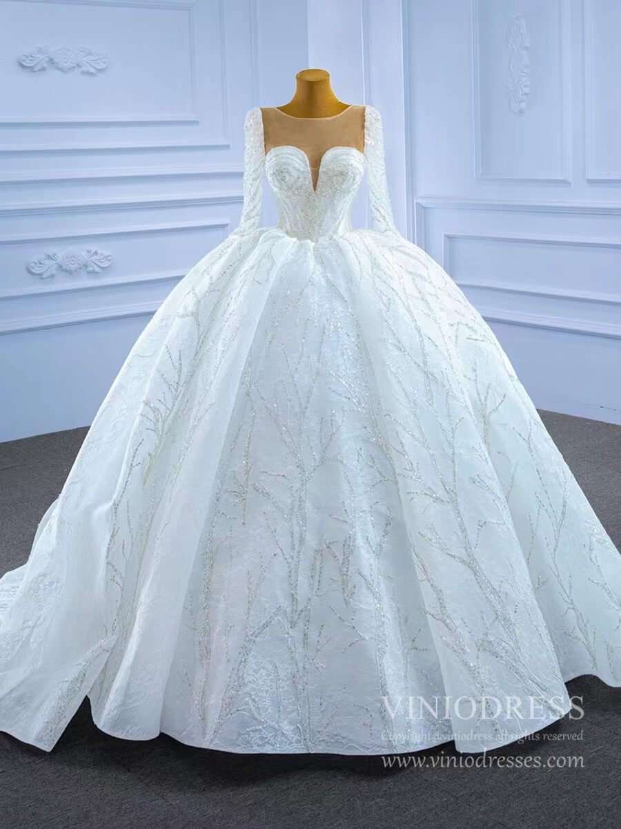 Beaded Long Sleeve Wedding Gown Luxury Dubai Wedding Dress 67273-wedding dresses 2025 -Viniodress-As Picture-Custom Size-
