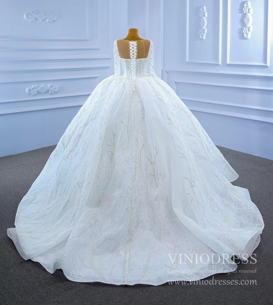 Beaded Long Sleeve Wedding Gown Luxury Dubai Wedding Dress 67273-wedding dresses 2025 -Viniodress-As Picture-Custom Size-