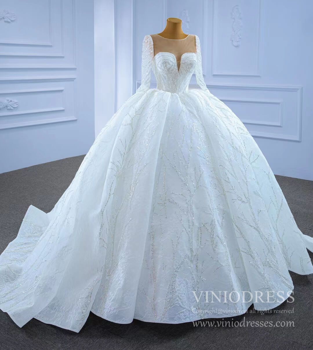 Beaded Long Sleeve Wedding Gown Luxury Dubai Wedding Dress 67273-wedding dresses 2025 -Viniodress-As Picture-Custom Size-