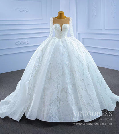 Beaded Long Sleeve Wedding Gown Luxury Dubai Wedding Dress 67273-wedding dresses 2025 -Viniodress-As Picture-Custom Size-