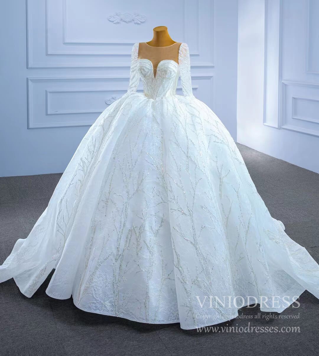 Beaded Long Sleeve Wedding Gown Luxury Dubai Wedding Dress 67273-wedding dresses 2025 -Viniodress-As Picture-Custom Size-