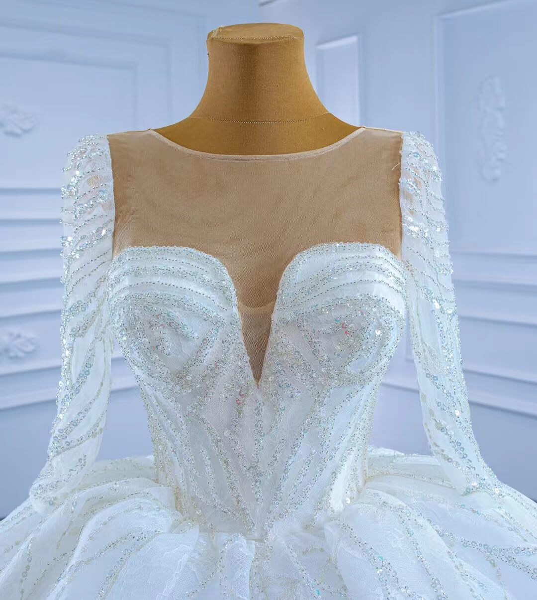 Beaded Long Sleeve Wedding Gown Luxury Dubai Wedding Dress 67273-wedding dresses 2025 -Viniodress-As Picture-Custom Size-